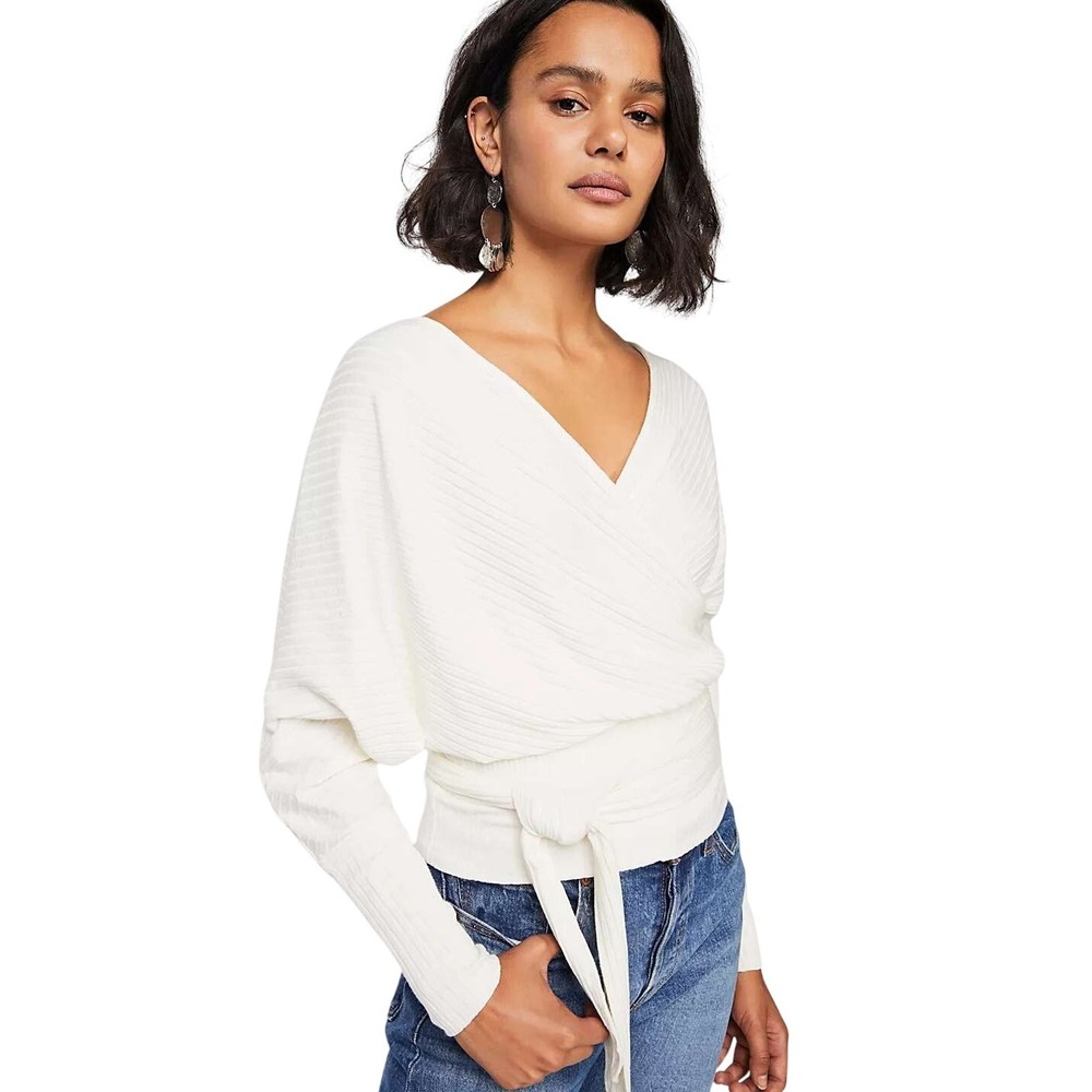 We The Free People East Coast Wrap Top Cream Ribbed Long Sleeve Tie Waist 743